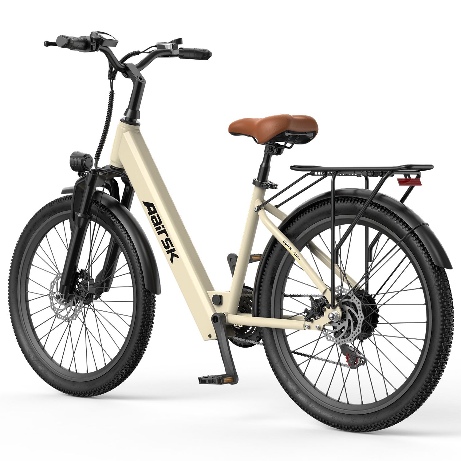 Bicicletta elettrica beige con telaio nero, sella marrone e portapacchi. Marchio Aairsk.