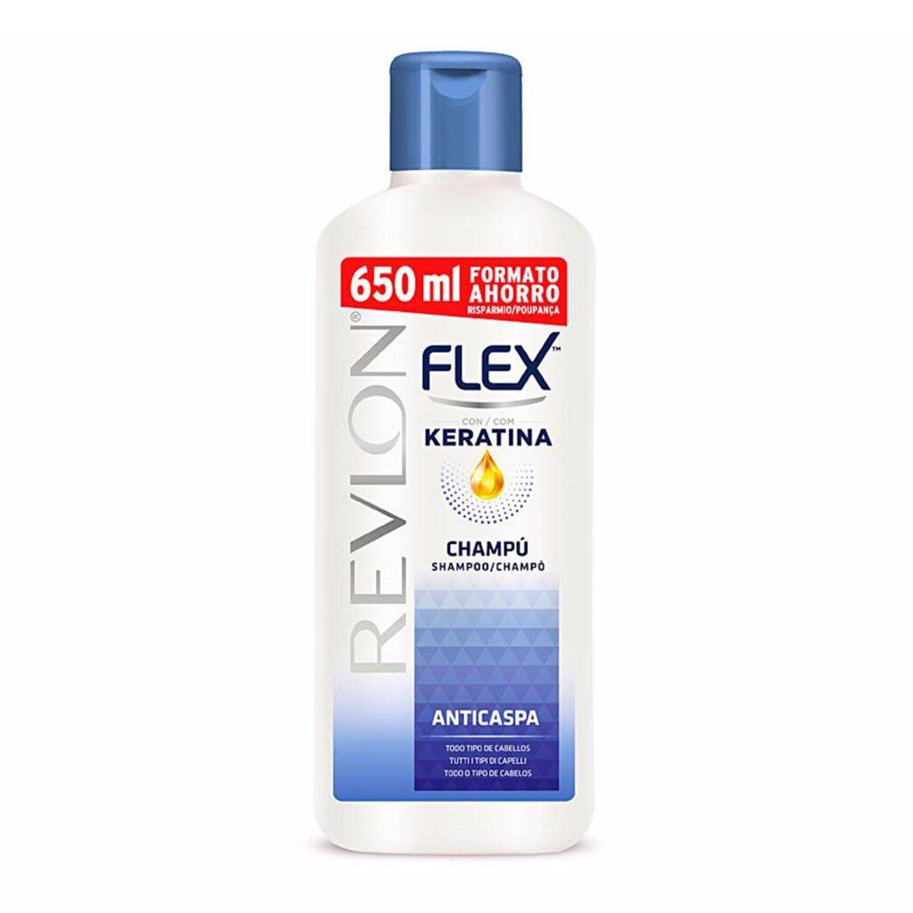 Shampoo bianco con tappo blu. Scritta: Revlon Flex Keratina Champú Anticaspa. 650 ml.