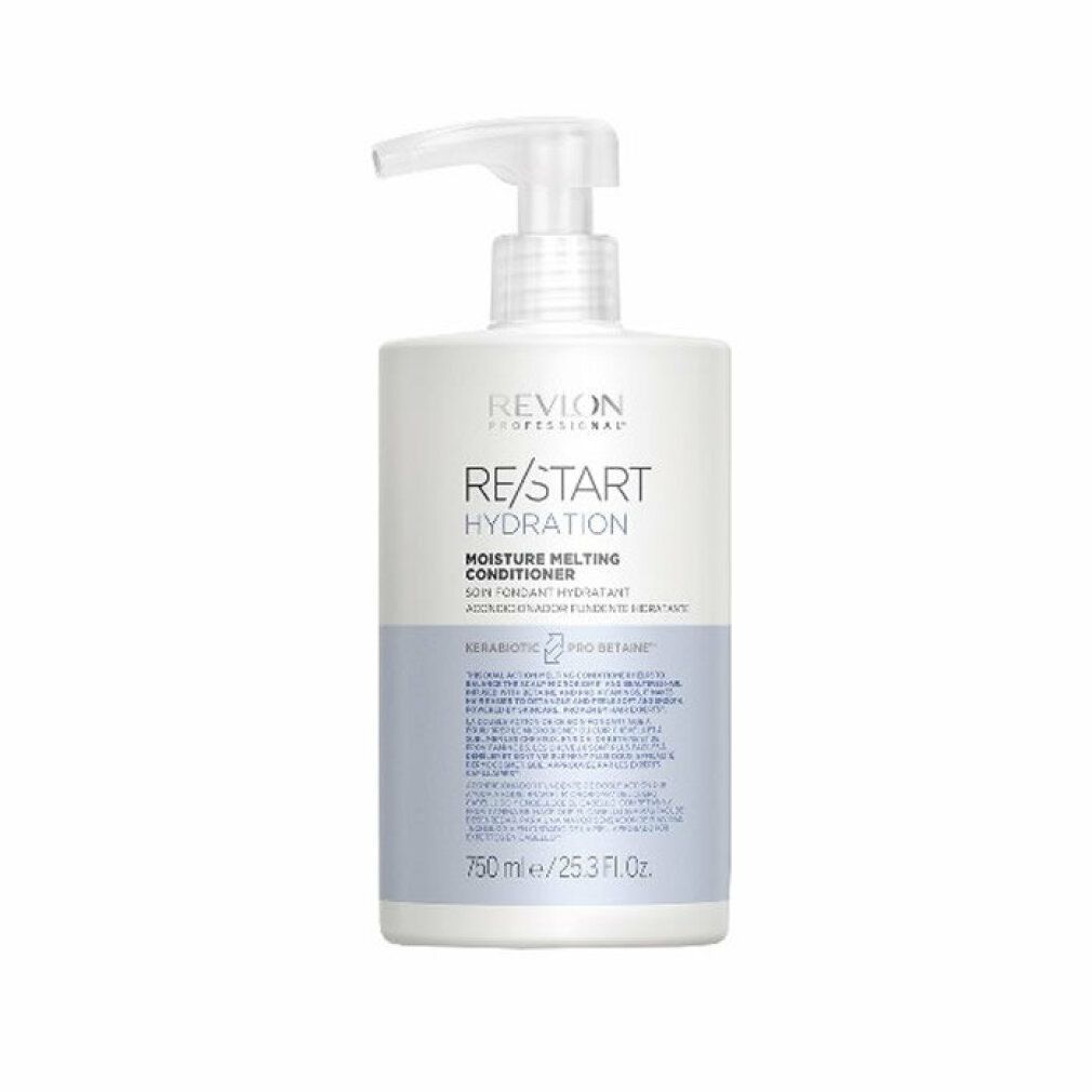 Flacone bianco di balsamo con pompa ed etichetta blu. Testo: Revlon Re-Start Hydration, Moisture Melting Conditioner. 750 ml/25.3 Fl. Oz.
