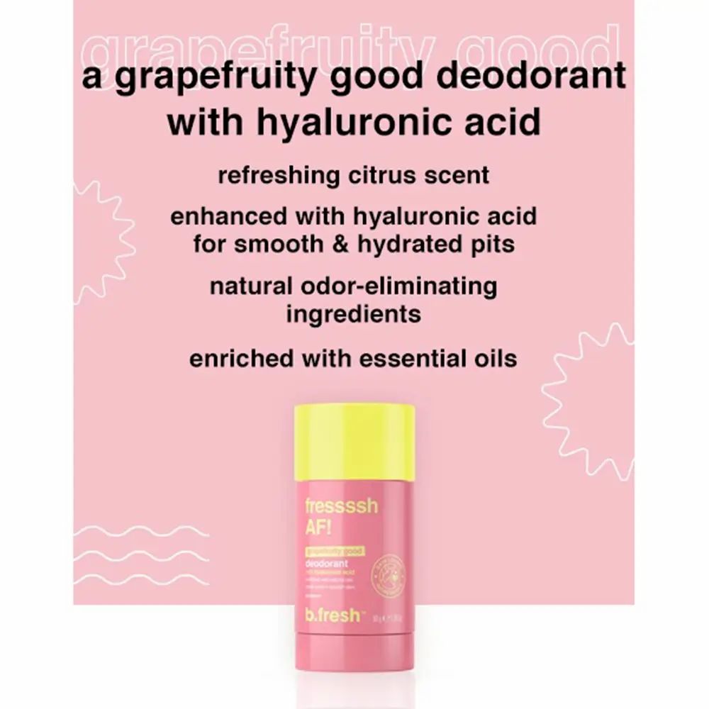 Stick deodorante rosa con coperchio giallo. Scritta: fresh AF! Deodorante. Testo: grapefruit good, con acido ialuronico, ingredienti naturali.