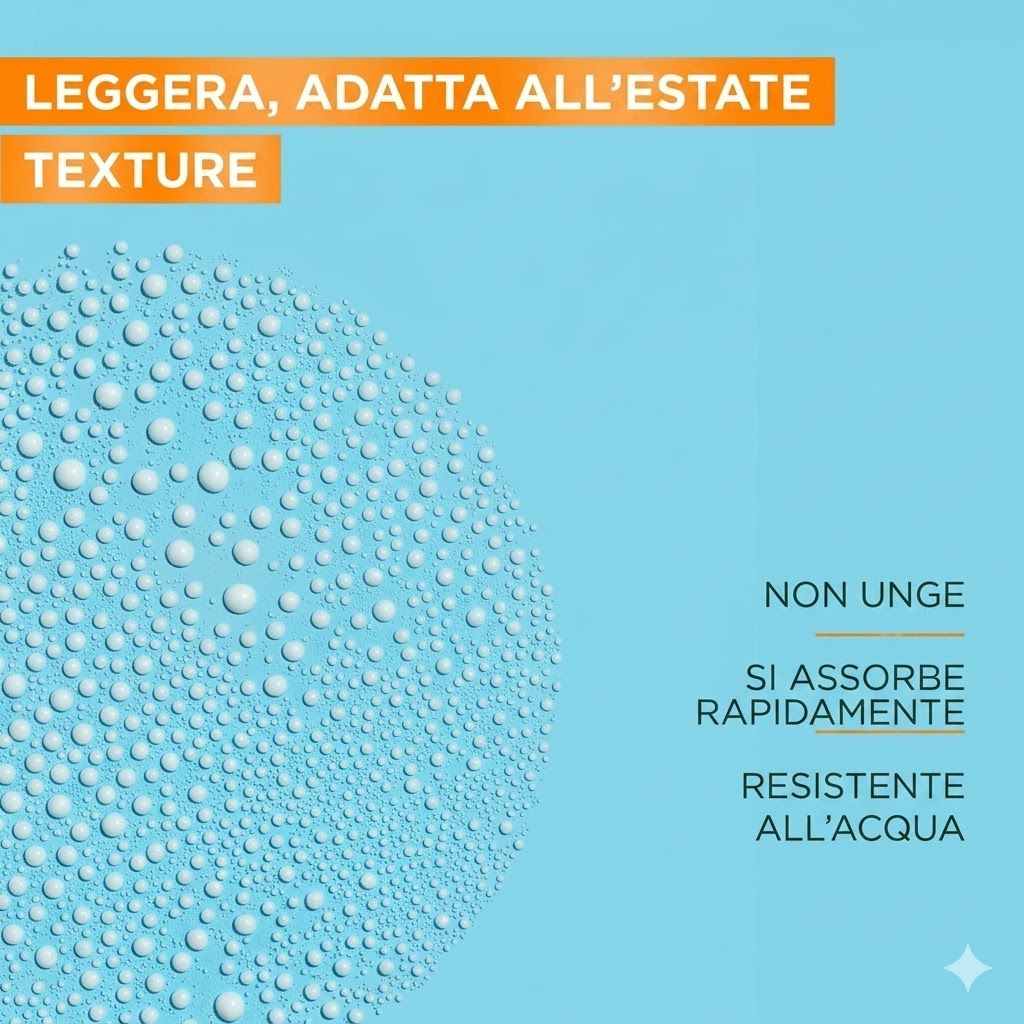 Superficie blu con gocce d'acqua. Testo: Texture leggera, estiva. Non unge. Si assorbe rapidamente. Resistente all'acqua.