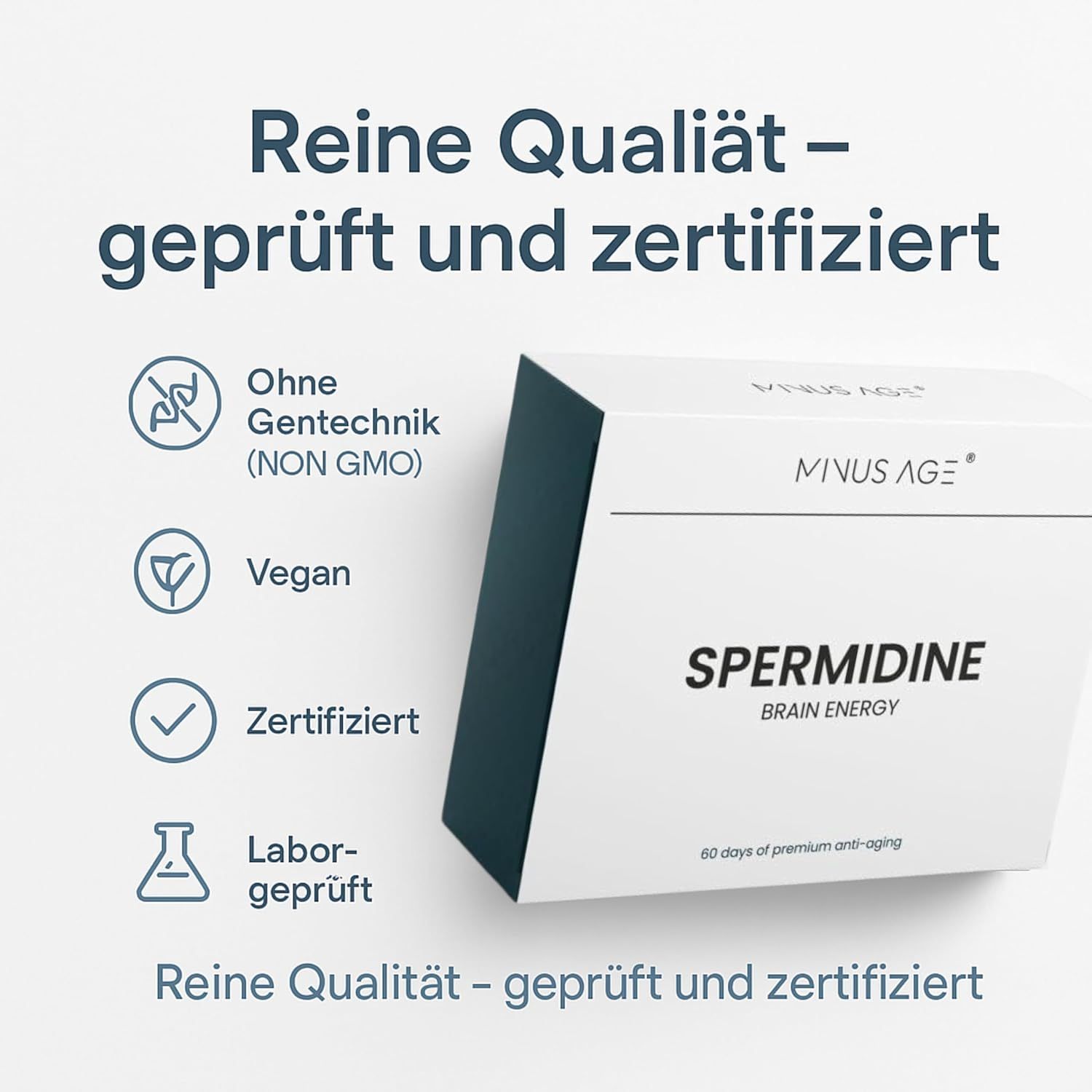 Confezione bianca con testo: SPERMIDINE BRAIN ENERGY. Loghi: Senza OGM, Vegano, Certificato, Testato in laboratorio.