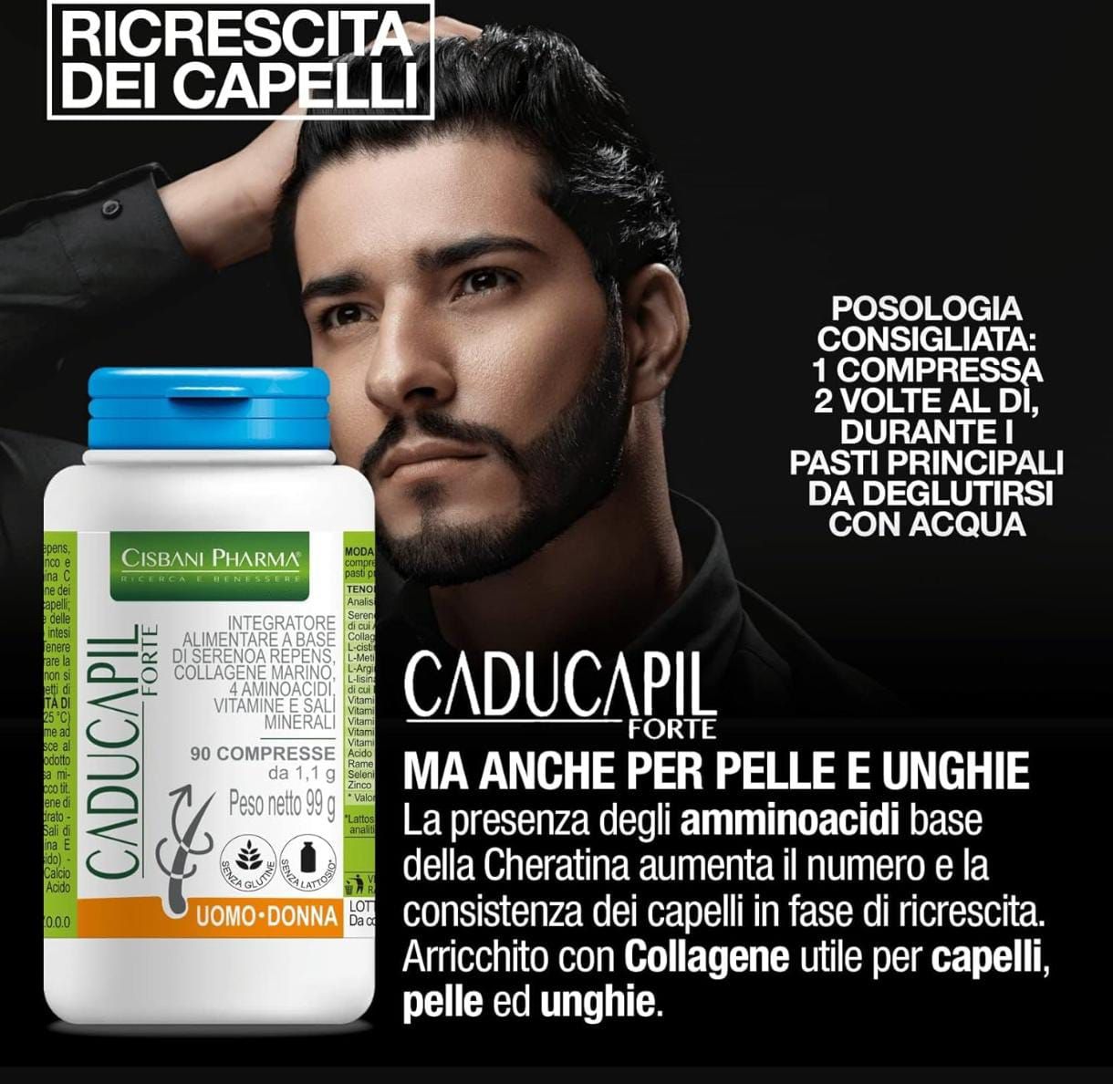 Flacone di compresse con informazioni sul prodotto. Uomo con barba sullo sfondo. Testo: Caducapil Forte, 90 compresse, Uomo-Donna.
