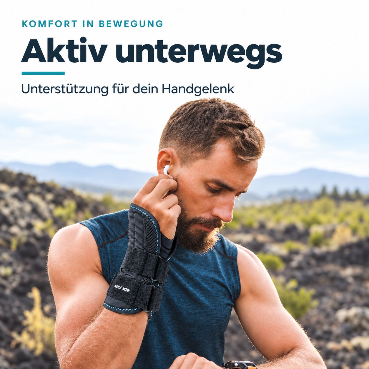 Uomo con tutore da polso mentre corre in un paesaggio roccioso. Supporta l'attività.