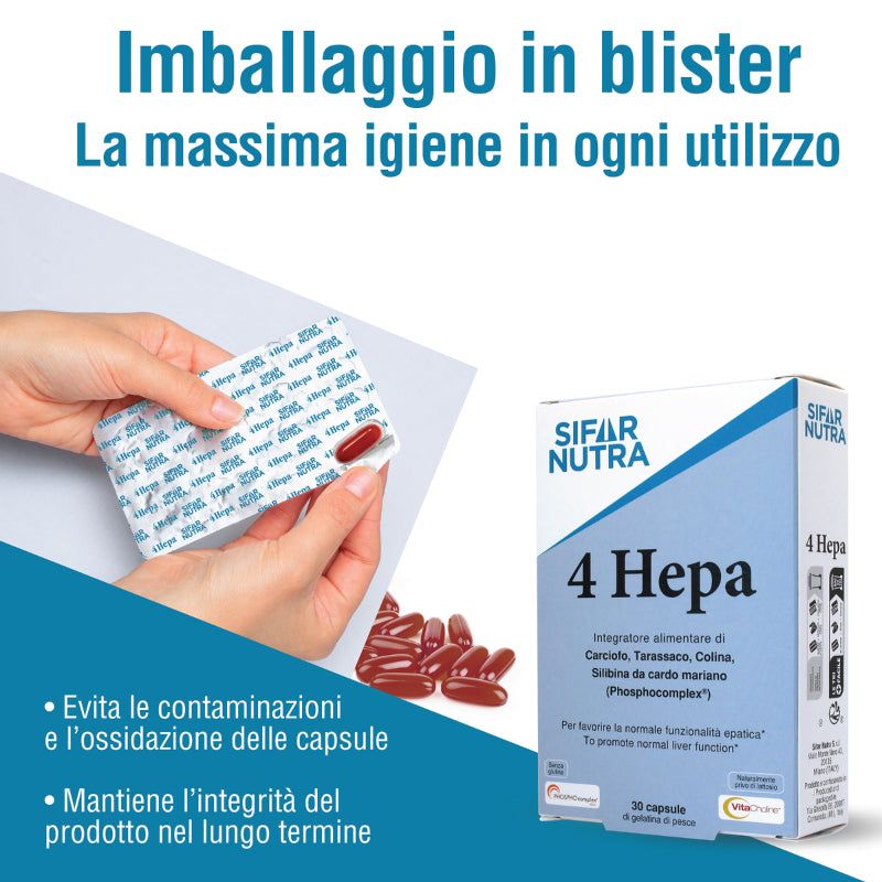 Mani che tengono un blister di capsule. Scatola Sifar Nutra 4 Hepa. Testo: Massima igiene ad ogni utilizzo.