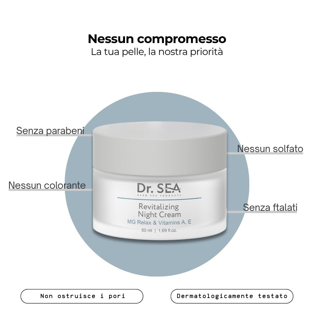 Vaso di crema con testo. Testo: Senza parabeni, solfati, coloranti, ftalati. Dermatologicamente testato.