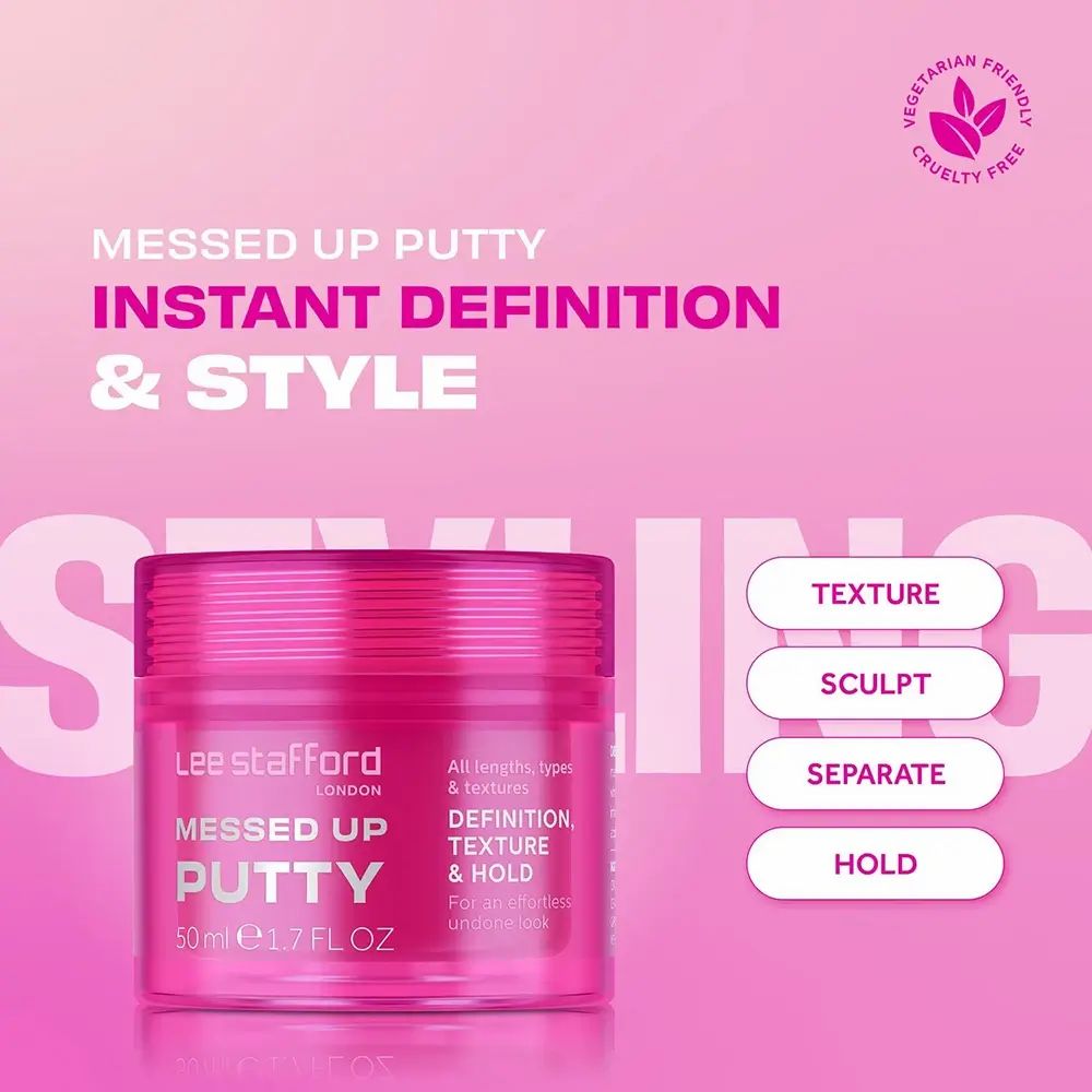 Vasetto rosa LEE STAFFORD Messed Up Putty. Testo, Sculpt, Separate, Hold. Vegano e cruelty-free.