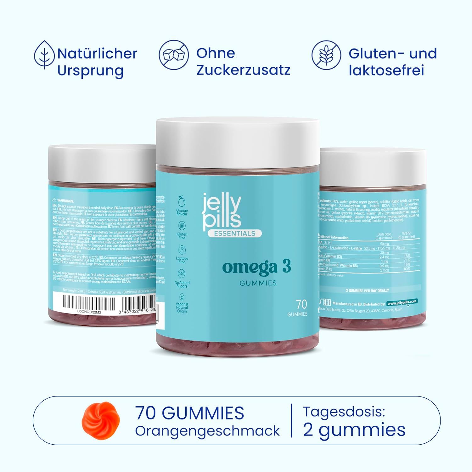Tre barattoli di Omega 3 Gummies. Scritta: Jelly Pills Essentials, 70 gummies. Etichette con informazioni sugli ingredienti e il valore nutrizionale.