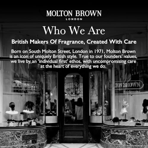 Foto in bianco e nero di un negozio Molton Brown. Vetrina con parrucche e testo: Who We Are, British Makers Of Fragrance.