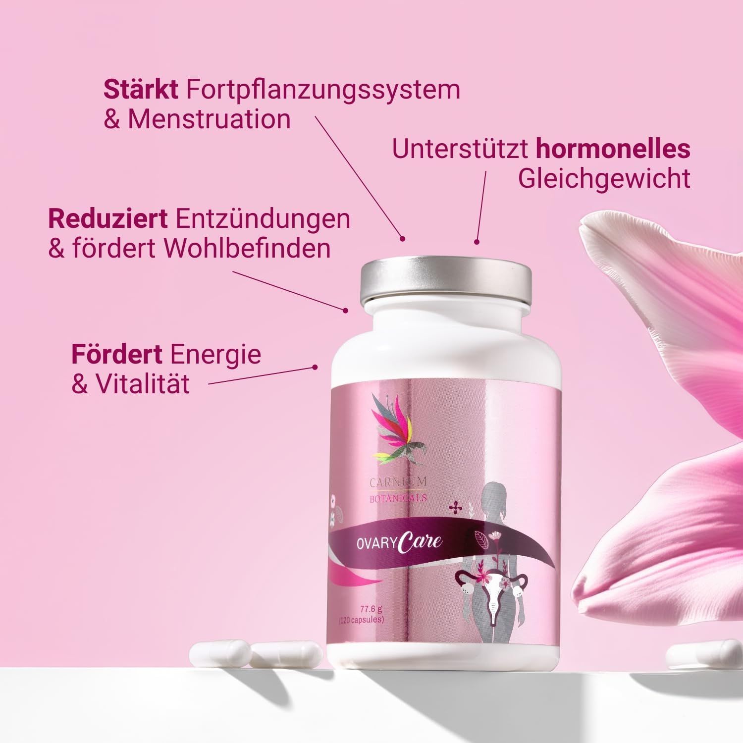 Flacone bianco con etichetta rosa. Scritta: CARNIUM BOTANICALS, OVARY Care. Testo: Rafforza il sistema riproduttivo e le mestruazioni.