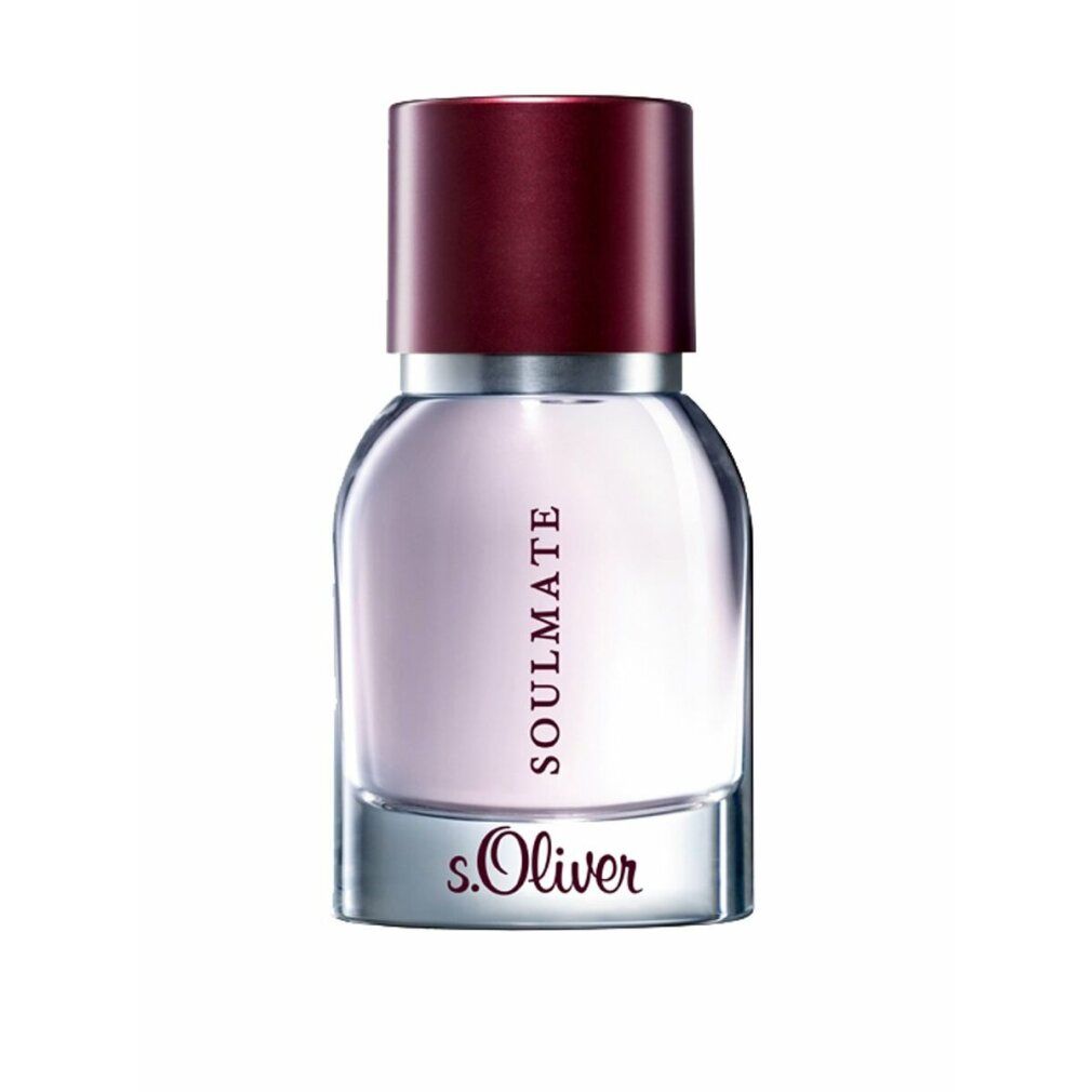 Flacone di profumo con tappo rosso, anello e base argentati. Scritta SOULMATE e s.Oliver.