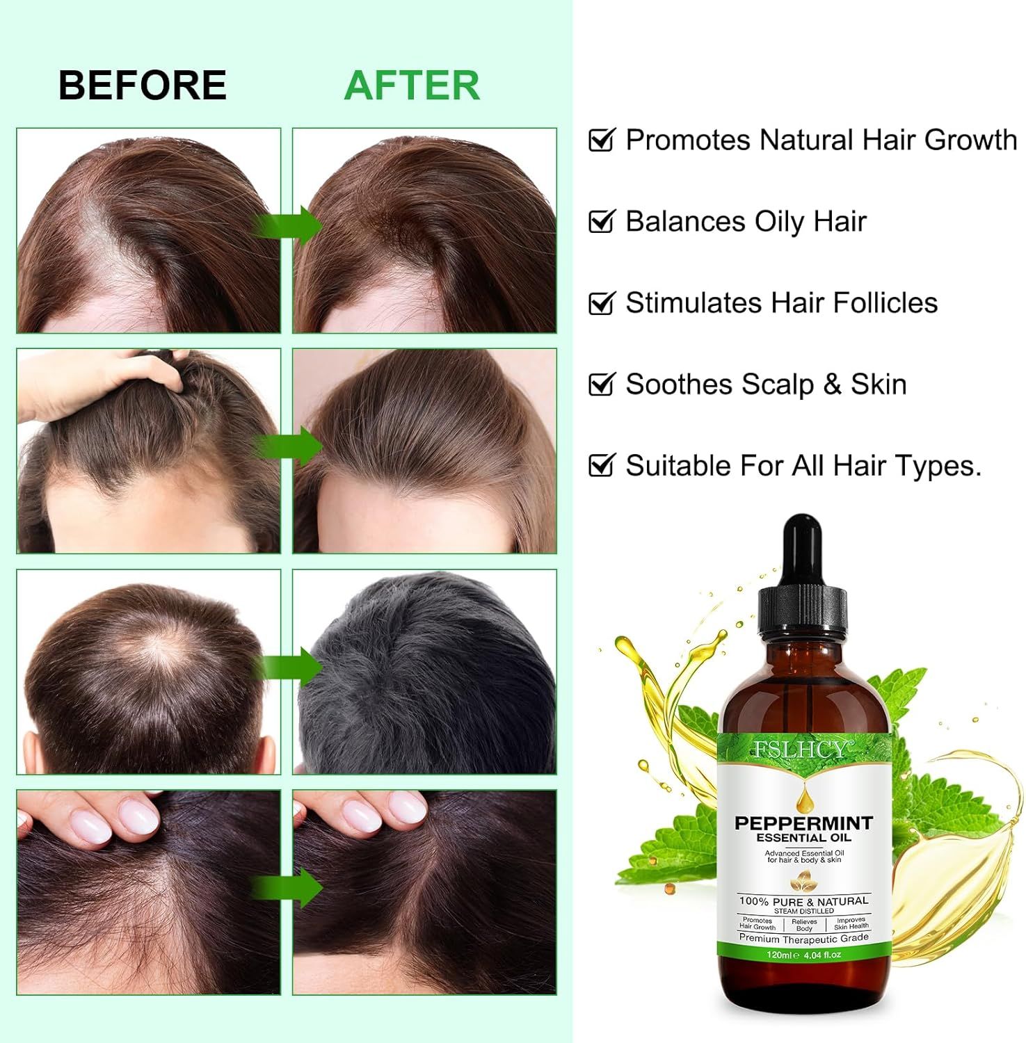 Immagini prima-dopo dei capelli. Flacone di olio di menta piperita con contagocce. Testo: "FSLHCY Olio di menta piperita".