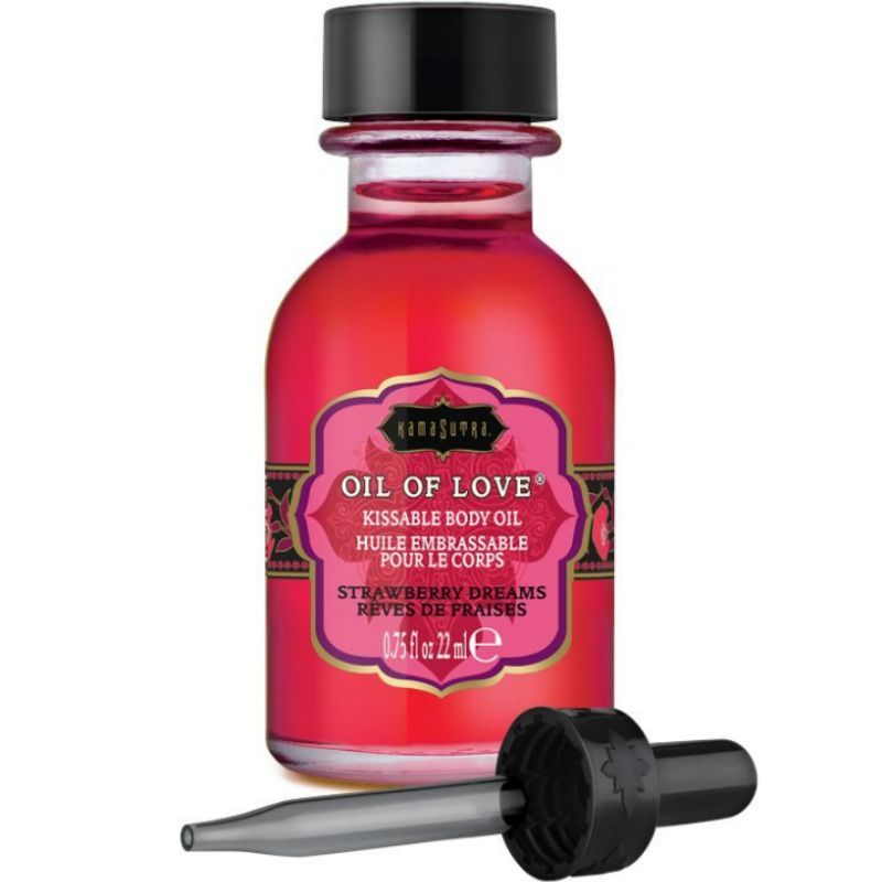 Olio Kamasutra Fragola, flacone rosso 22ml con contagocce.