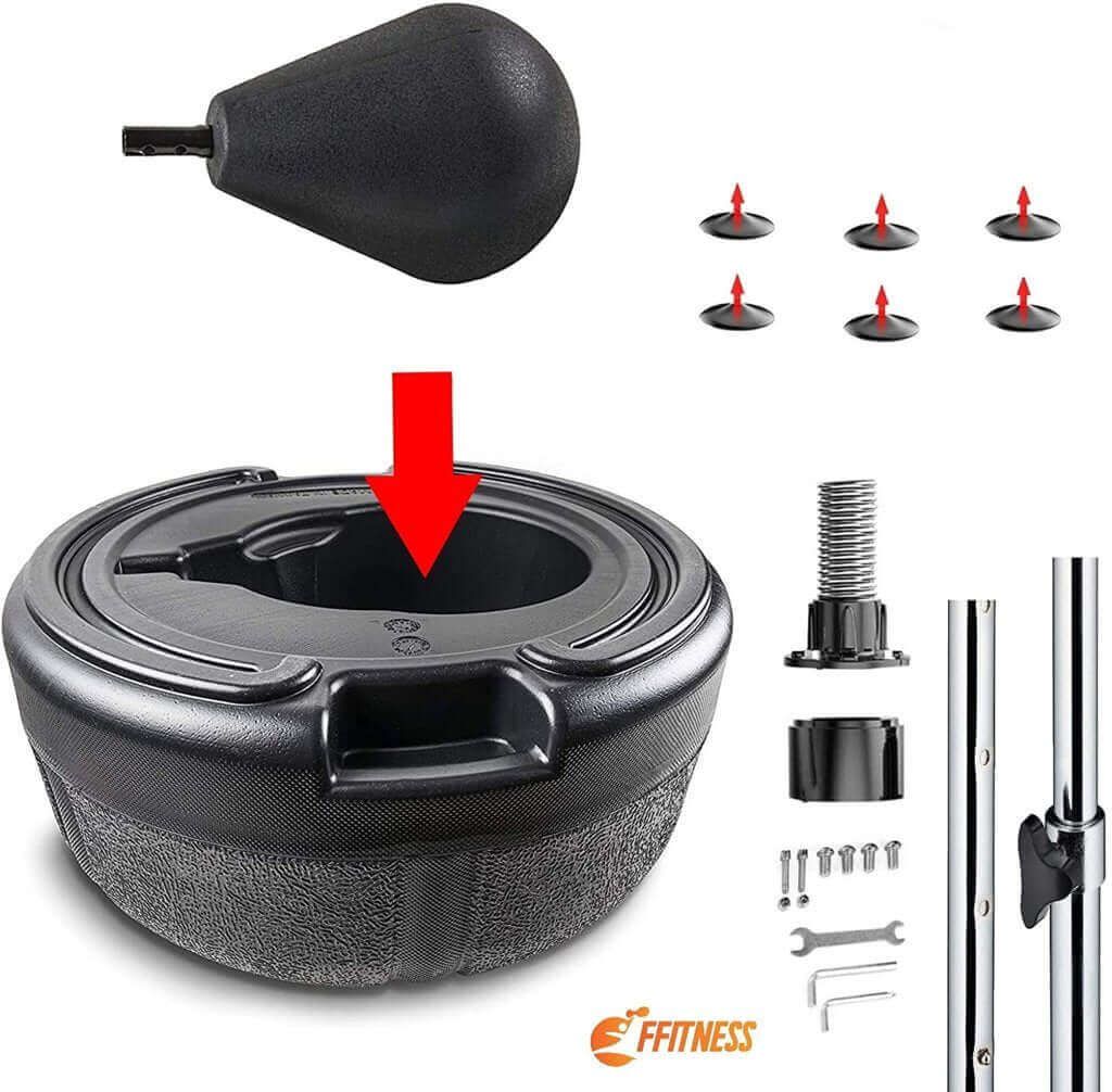 Componenti del sacco da boxe: palla a forma di pera, base, viti, aste e ventose. Logo FFitness.