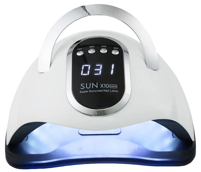 Lampada LED per unghie bianca con display digitale. Maniglia superiore, display con testo SUN X10 MAX.