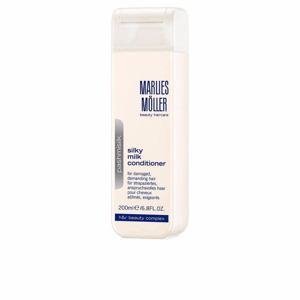 Flacone rettangolare bianco. Scritta: Marlies Möller, Silky Milk Conditioner. Testo in tedesco, francese, inglese.