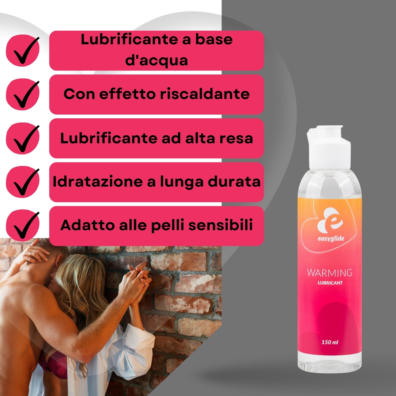 Quattro flaconi di gel Easyglide. Anal, Cooling, Silicone, Warming. Tappi bianchi, flaconi trasparenti, etichette colorate.