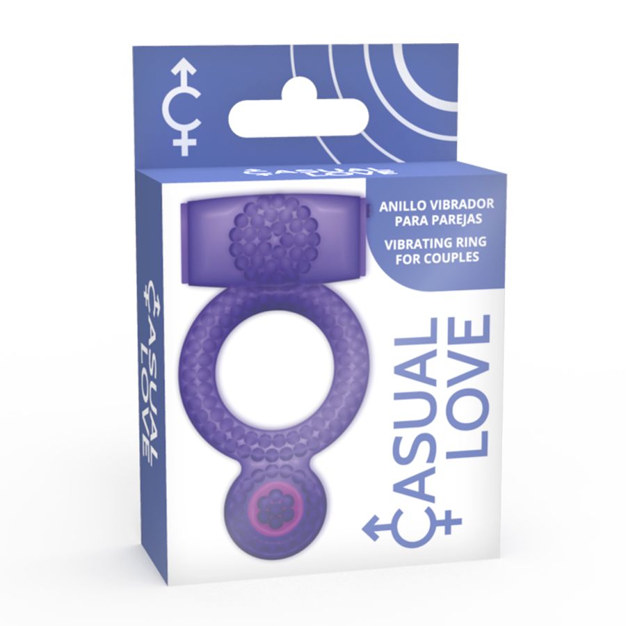 Confezione di un anello vibrante viola. Nome del prodotto "Casual Love" e testo "Vibrating Ring for Couples".