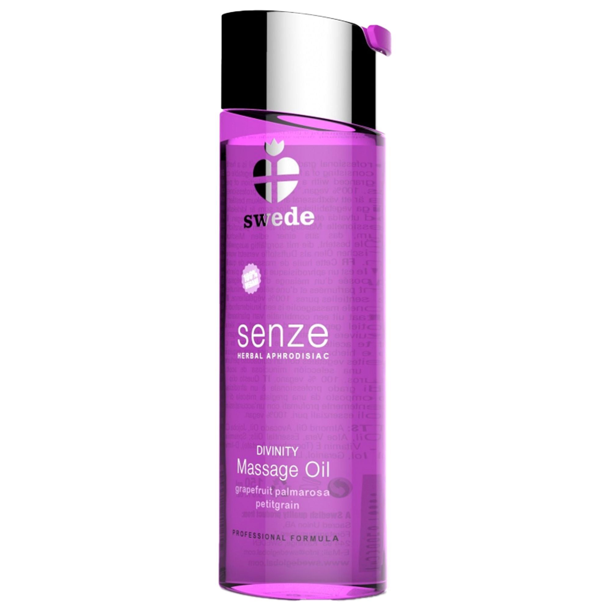 Flacone viola con tappo argentato. Scritte: Swede, Senze, Massage Oil. Ingredienti: Pompelmo, Palmarosa, Petitgrain.