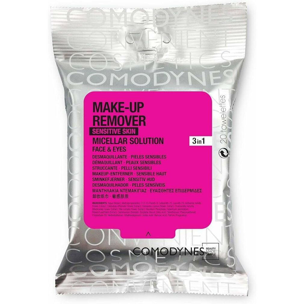 Salviettine struccanti per pelli sensibili. Confezione con nome del prodotto e marchio Comodynes.