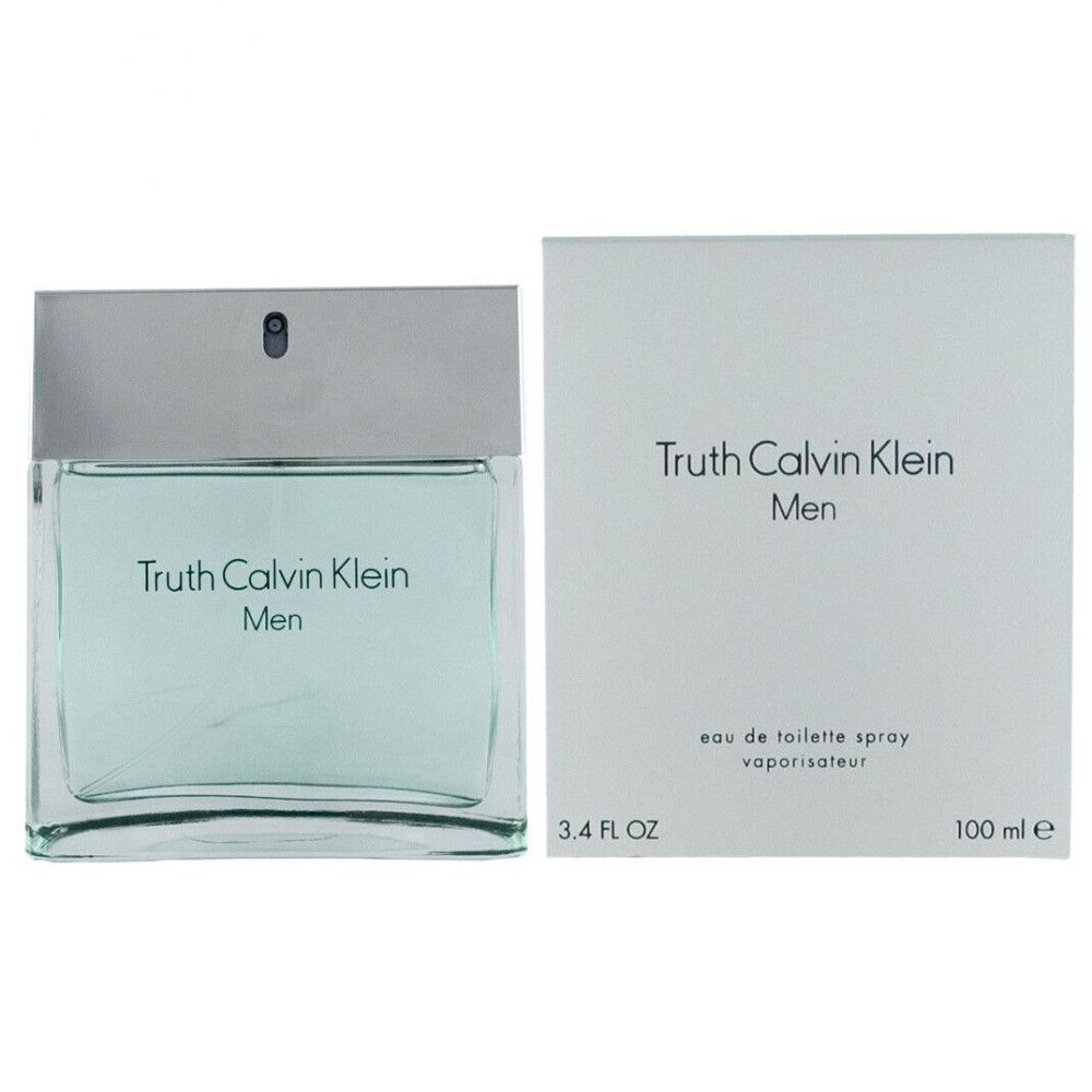 Truth Calvin Klein Men Eau de Toilette Spray. Flacone e confezione. Flacone rettangolare con tappo argentato. Confezione bianca.