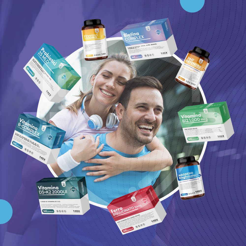 Coppia che si abbraccia, circondata da vari integratori T-Rex.