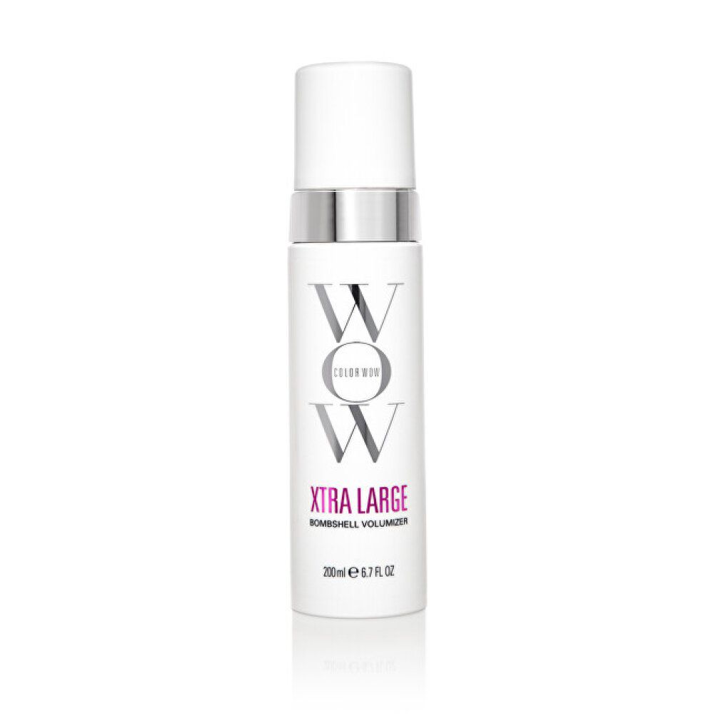 Prodotto bianco con anello argentato e tappo bianco. Scritta: WOW, XTRA LARGE Bombshell Volumen-Schaum. 200ml 6.7 fl oz.