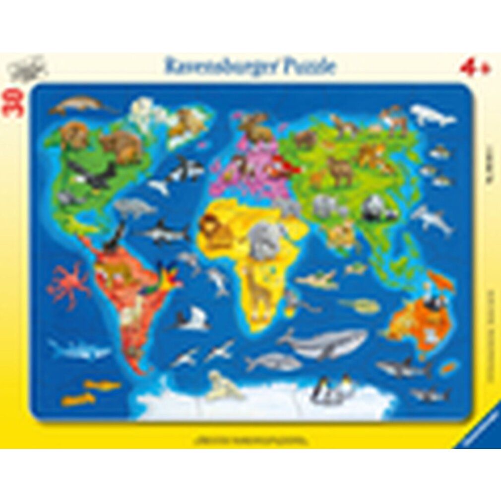 Puzzle con cornice mappa del mondo con animali. 30 pezzi. Ravensburger Puzzle. Consigliato per 4+. Animali sui continenti.