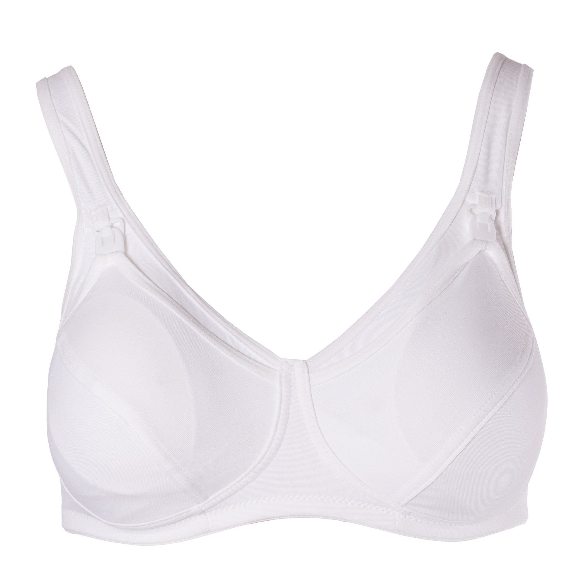 Reggiseno bianco con spalline larghe e coppe. Design coppa in fibra cava. Vista frontale.