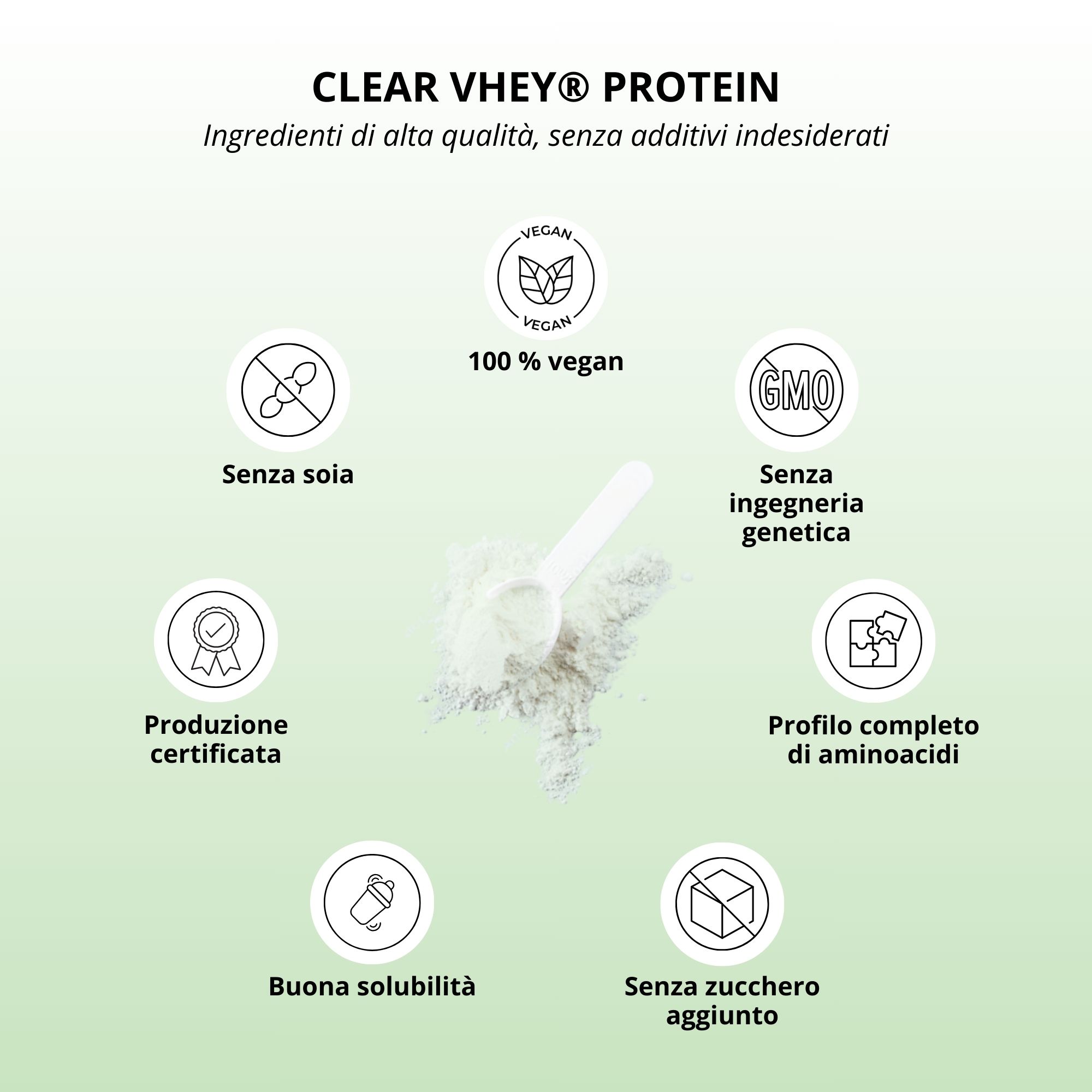 Disposizione circolare di simboli e testo. 100% vegano, senza soia, senza OGM, produzione certificata.