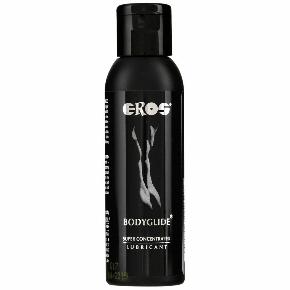 Flacone nero con tappo nero. Scritta EROS, BODYGLIDE, SUPER CONCENTRATED LUBRICANT. Silhouette femminile.