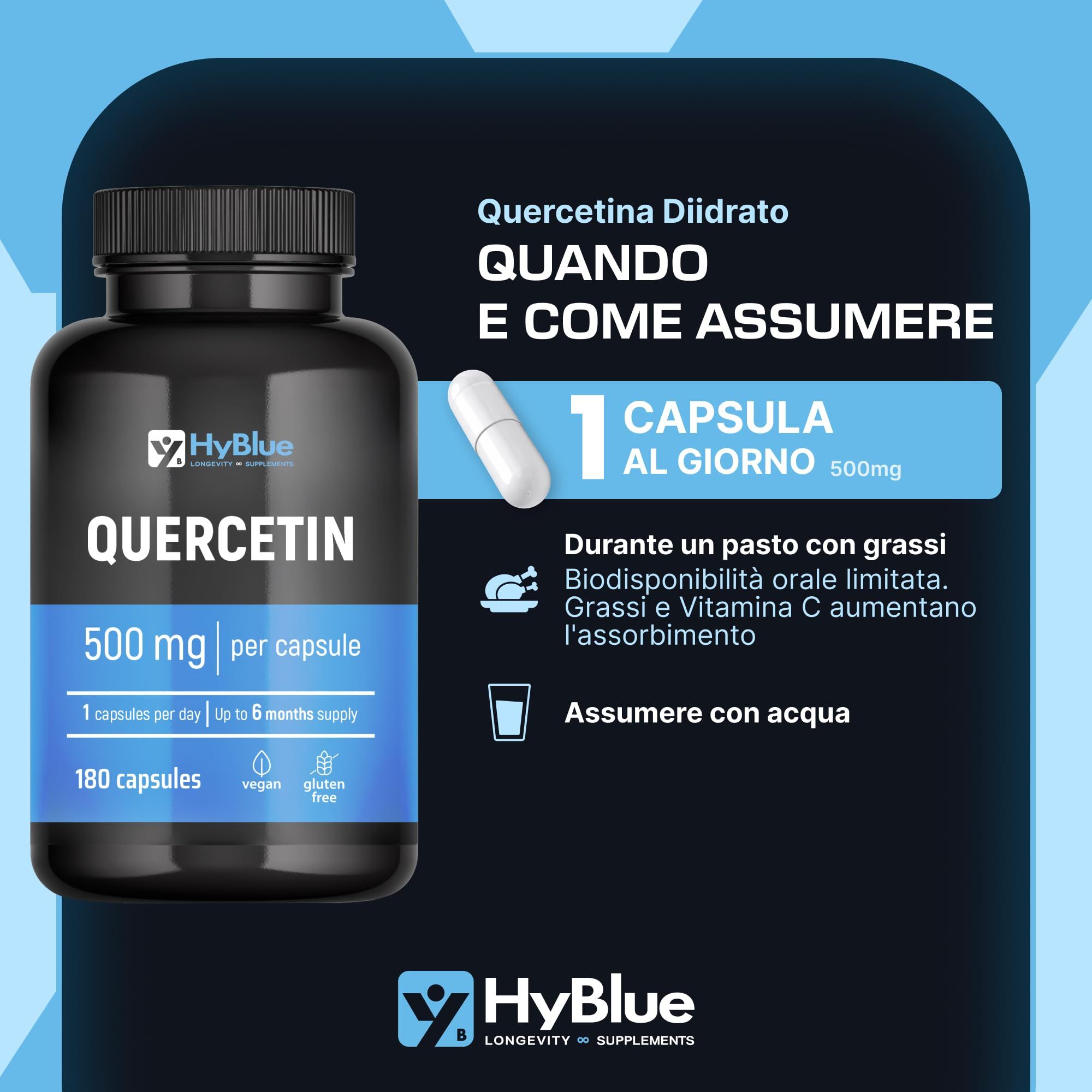 Flacone nero HyBlue Quercetin 500mg, 180 capsule, vegan, senza glutine.