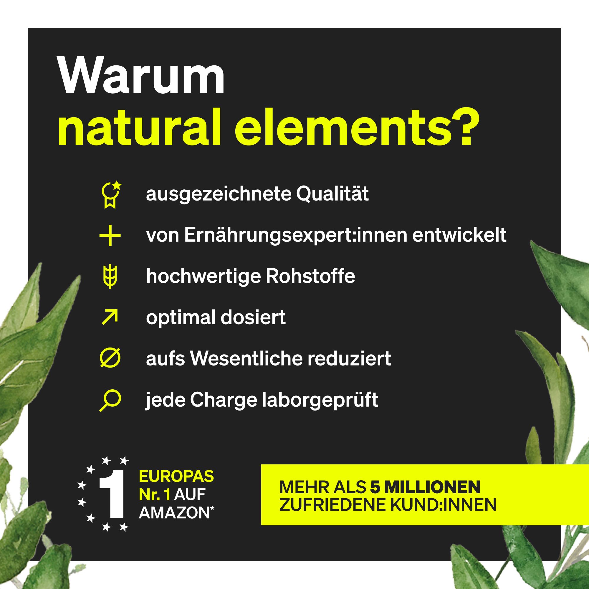 Sfondo nero con testo giallo. Scritta: Perché natural elements? Qualità eccellente, sviluppato da esperti.