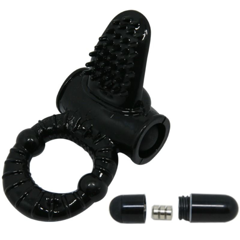 Anello penieno nero con stimolatore clitorideo. Base ad anello con dettagli. Stimolatore con punti in rilievo. Batteria.