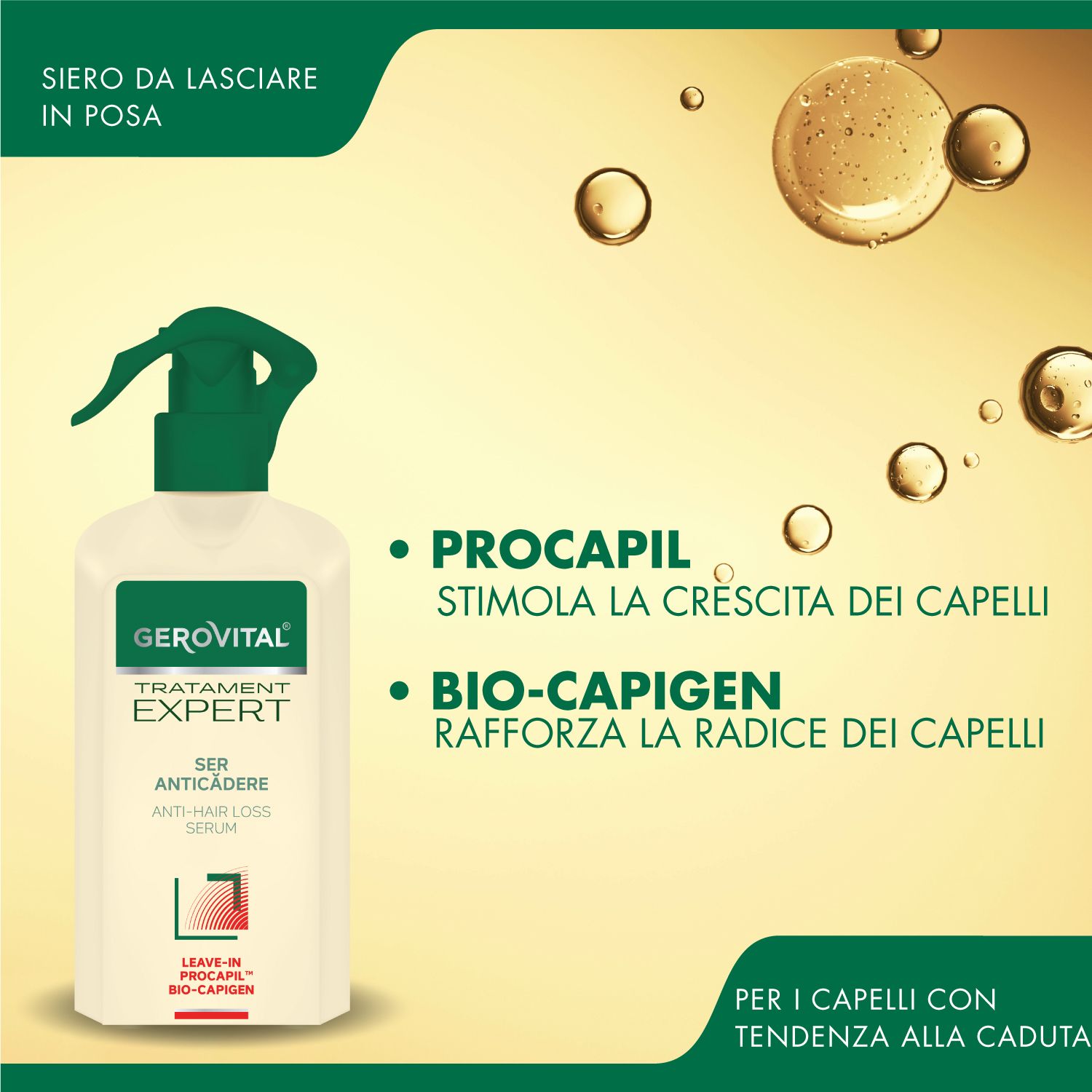 Flacone con erogatore verde. Testo: Siero da lasciare in posa. Procapi, stimola la crescita. Bio-Capigen, rinforza la radice.