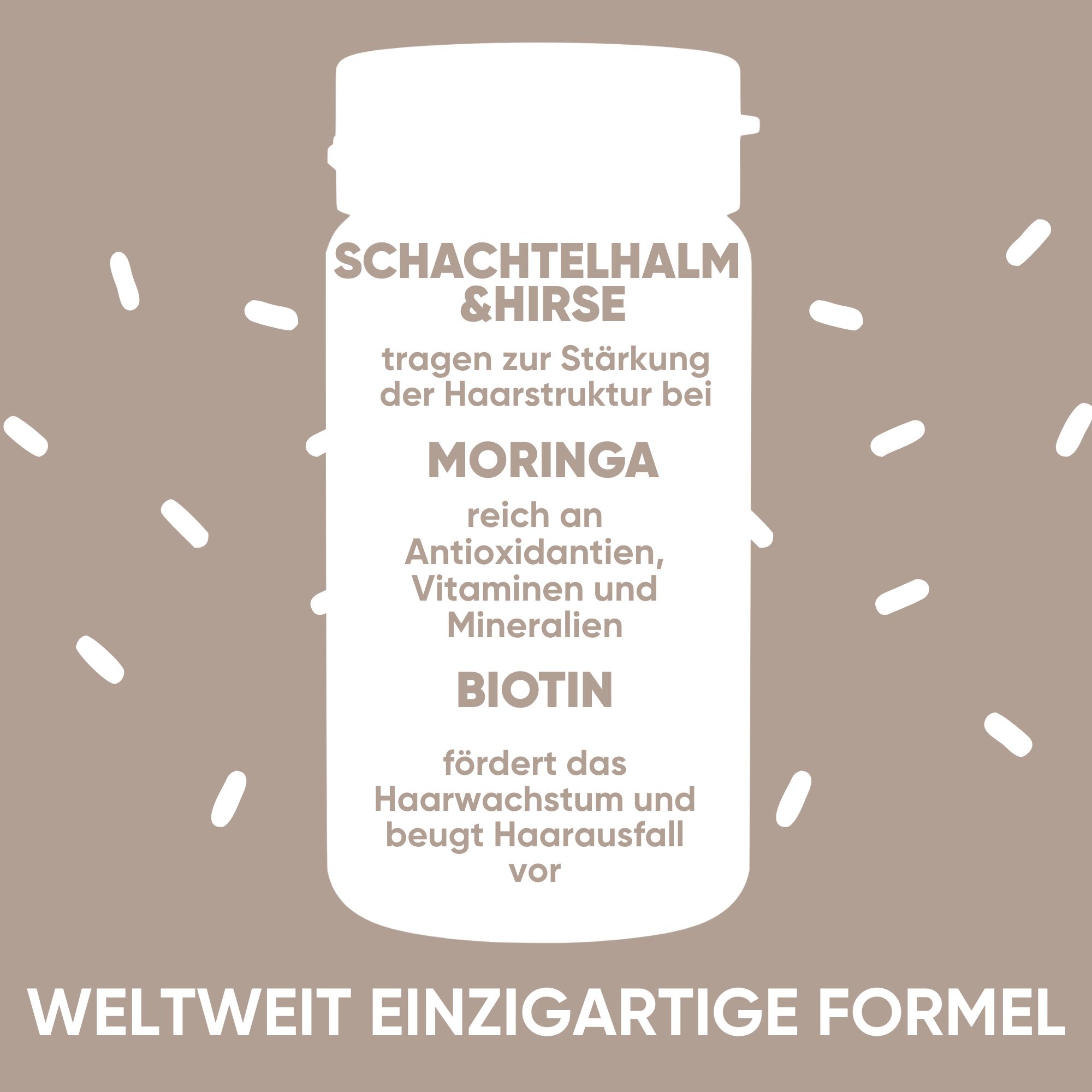 Flacone con ingredienti per la crescita dei capelli: equiseto, miglio, moringa, biotina.
