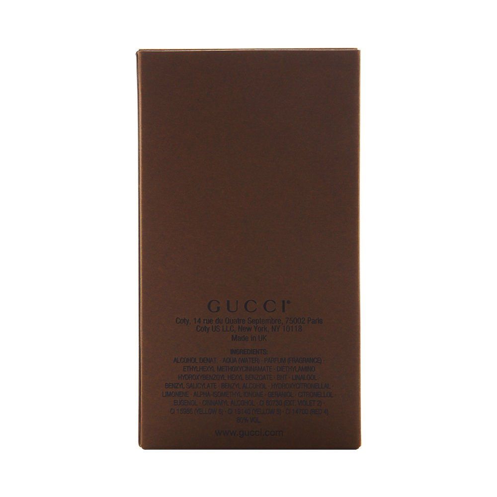 Retro della confezione Gucci Guilty Absolute. Scatola rettangolare marrone con testo e logo.