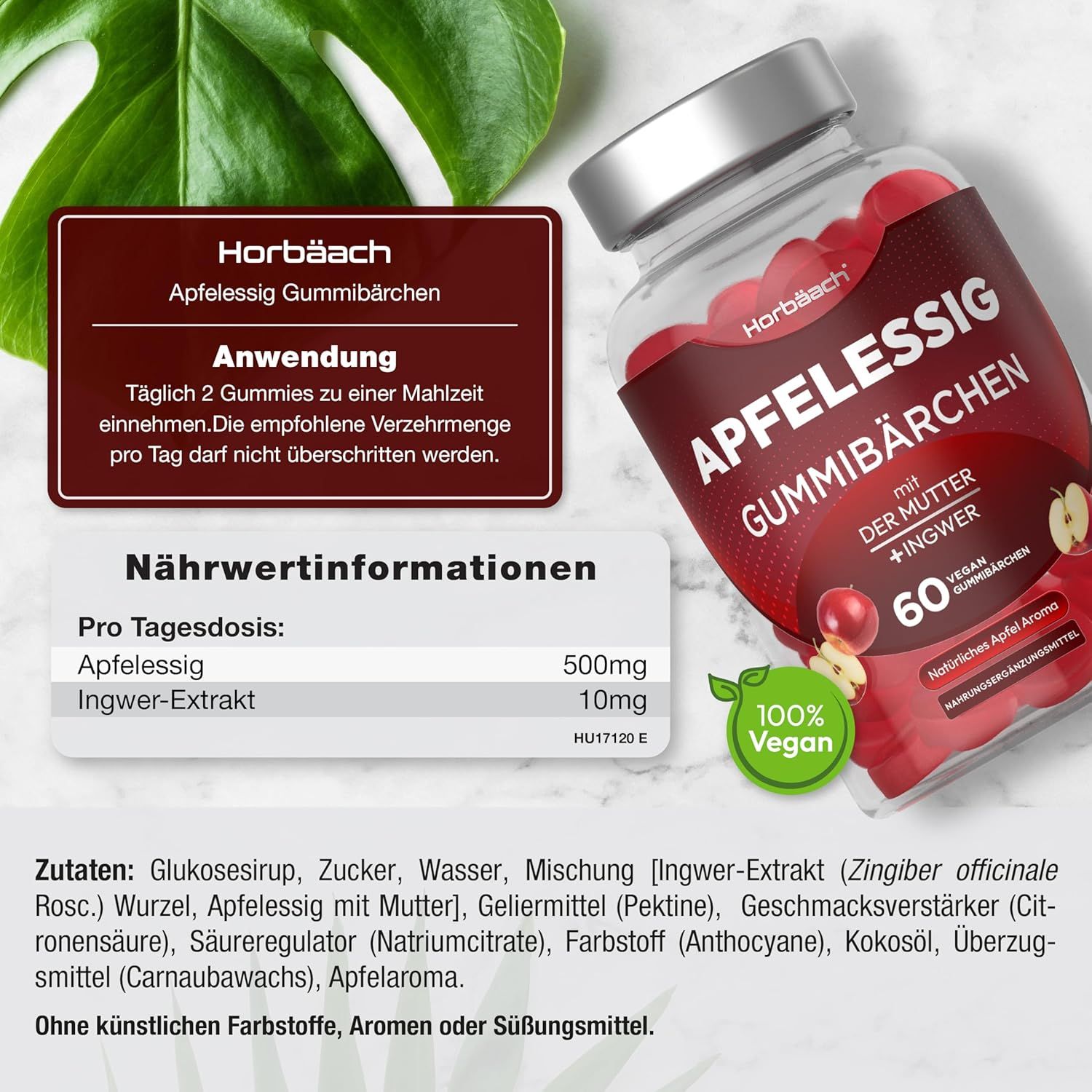 Barattolo di caramelle gommose rosse. Scritta: Aceto di mele, zenzero. 60 caramelle gommose vegane. Ingredienti e informazioni nutrizionali.