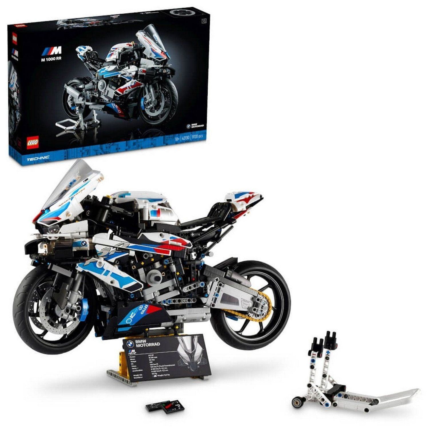 Modello moto LEGO Technic BMW M 1000 RR parzialmente assemblato. Accessori: supporto, targhetta informativa, parti.