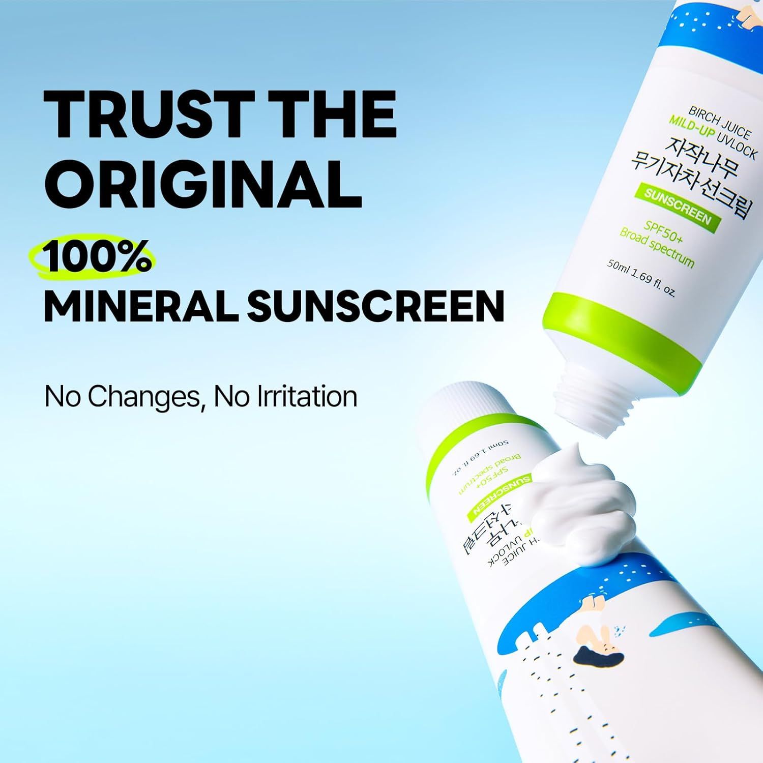 Due tubi, uno con crema. Testo: 100% Mineral Sunscreen. Nessun cambiamento, nessuna irritazione.