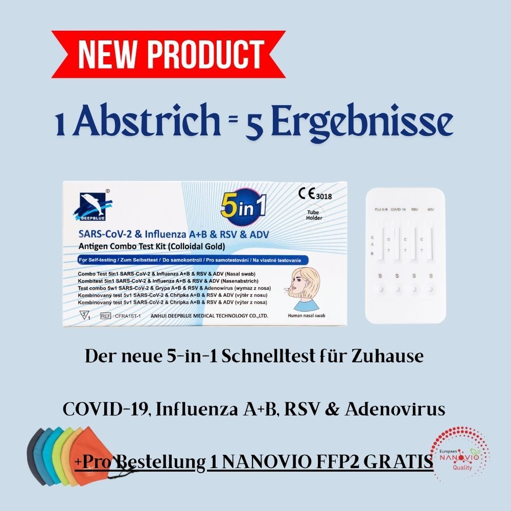 Immagine promozionale del test DeepBlue 5-in-1. Contiene kit, strisce reattive e mascherina FFP2. Testo: 1 tampone = 5 risultati.