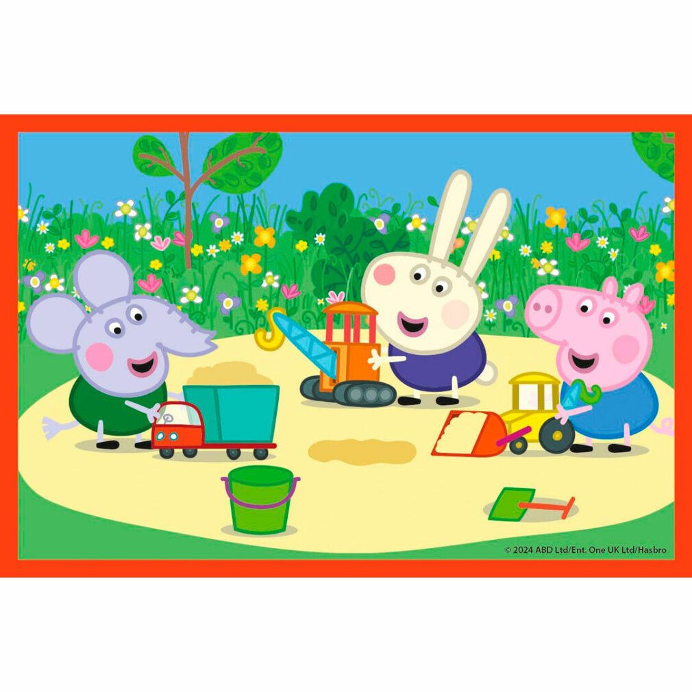 Puzzle Peppa Pig e amici nel cantiere. Personaggi giocano con giocattoli. Cornice rossa.