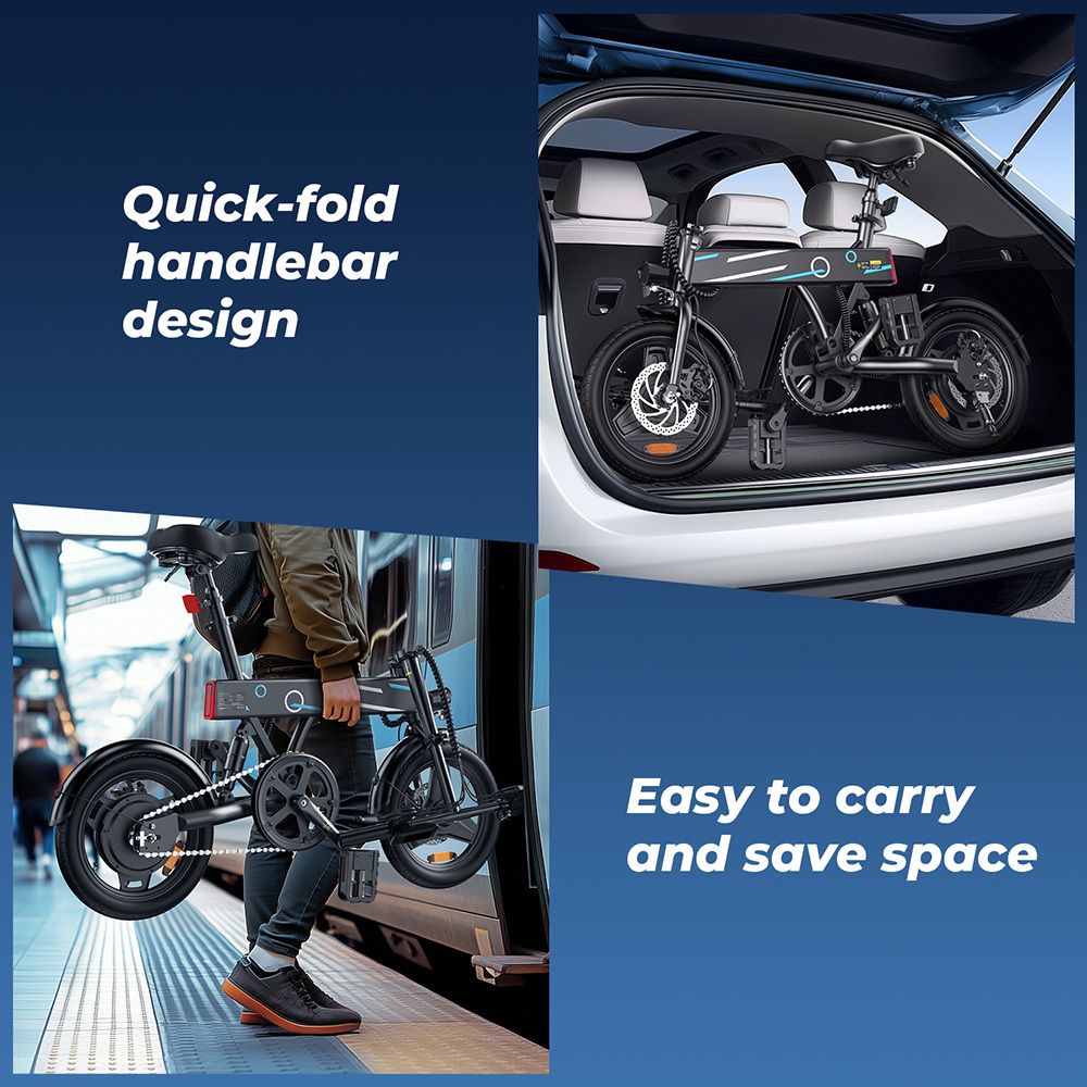 E-bike pieghevole nel bagagliaio. Persona che trasporta l'e-bike piegata. Design salvaspazio.