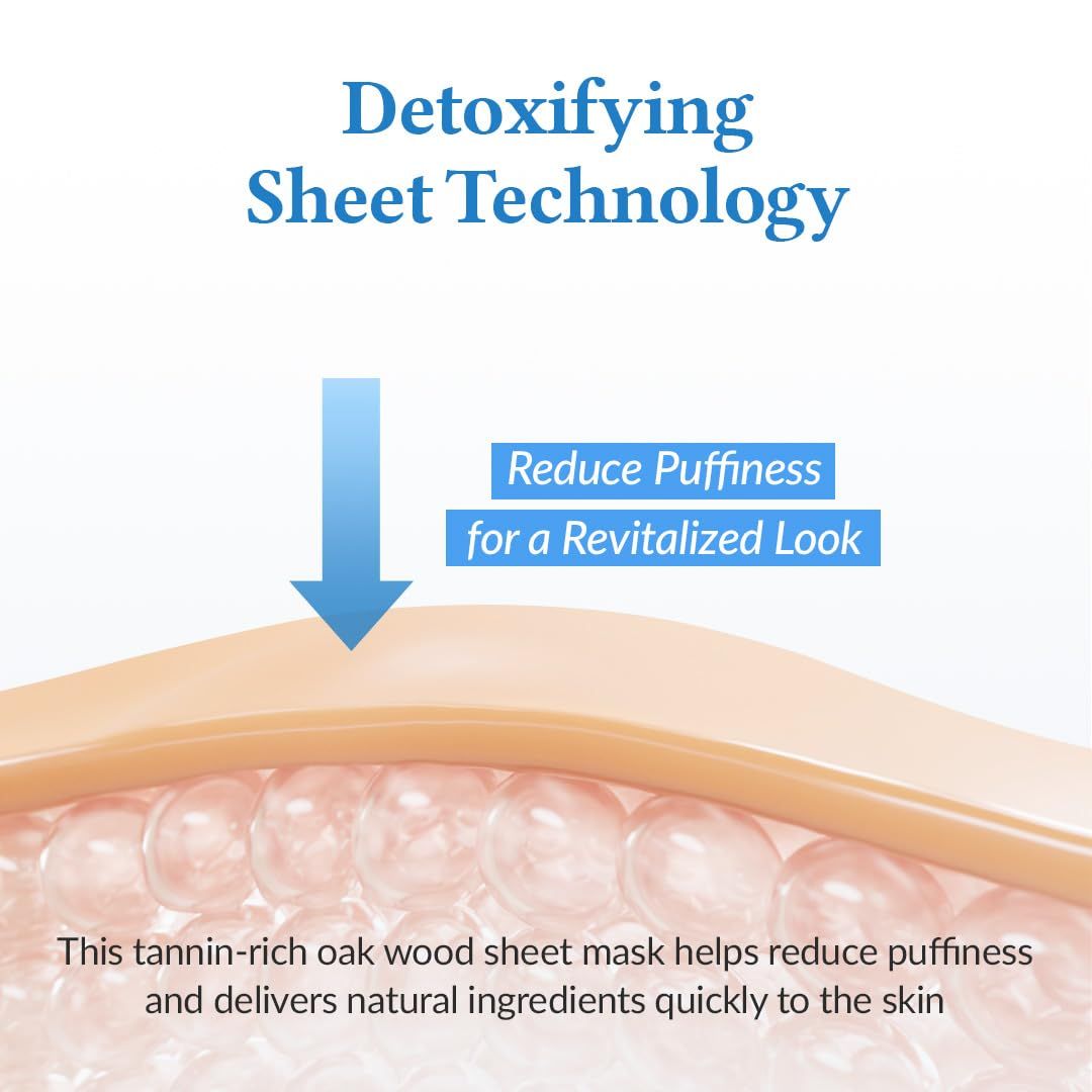 Pelle con freccia. Testo: Detoxifying Sheet Technology. Riduce il gonfiore per un aspetto rivitalizzato. Maschera in legno di quercia.