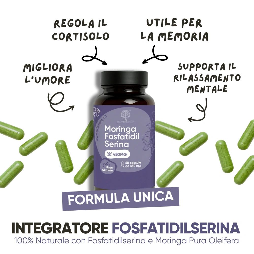 Flacone con capsule. Testo: Regola il cortisolo, Migliora l'umore, Utile per la memoria, Supporta il rilassamento mentale. Integratore Fosfatidilserina.