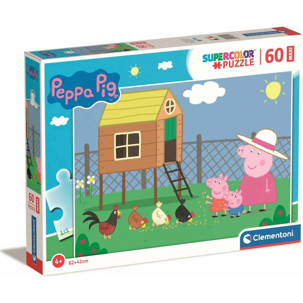 Clementoni Maxi Puzzle - Peppa Pig, 60 pezzi. Confezione con motivo puzzle. Include un pezzo di puzzle. Dimensioni: 62x42cm.