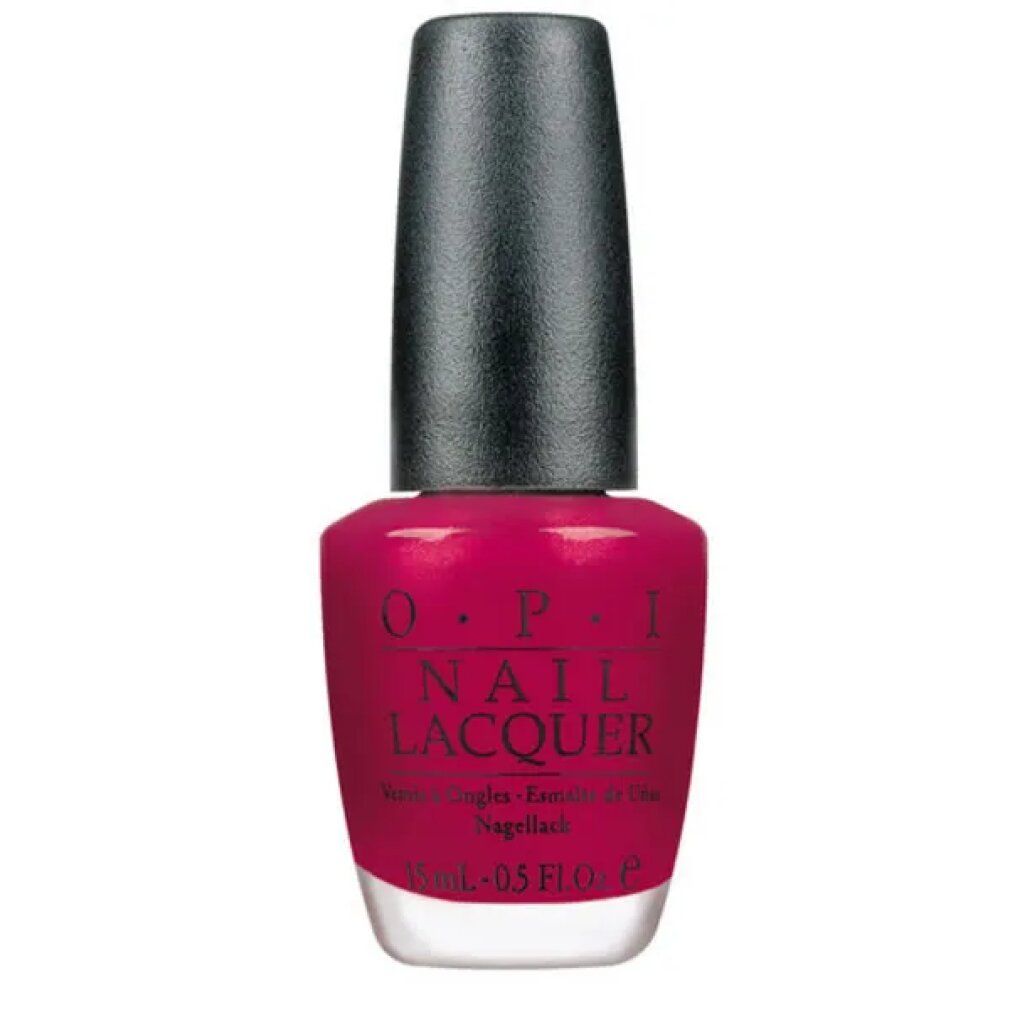 Smalto per unghie OPI rosa. Tappo nero, flacone trasparente. Scritta OPI Nail Lacquer. 15 ml.
