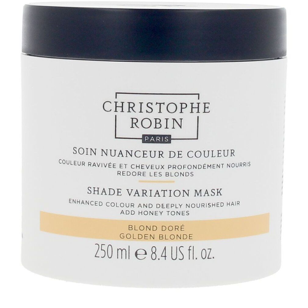 Vaso bianco con coperchio nero. Scritta: Christophe Robin Paris, Shade Variation Mask, Blond Doré, 250 ml.