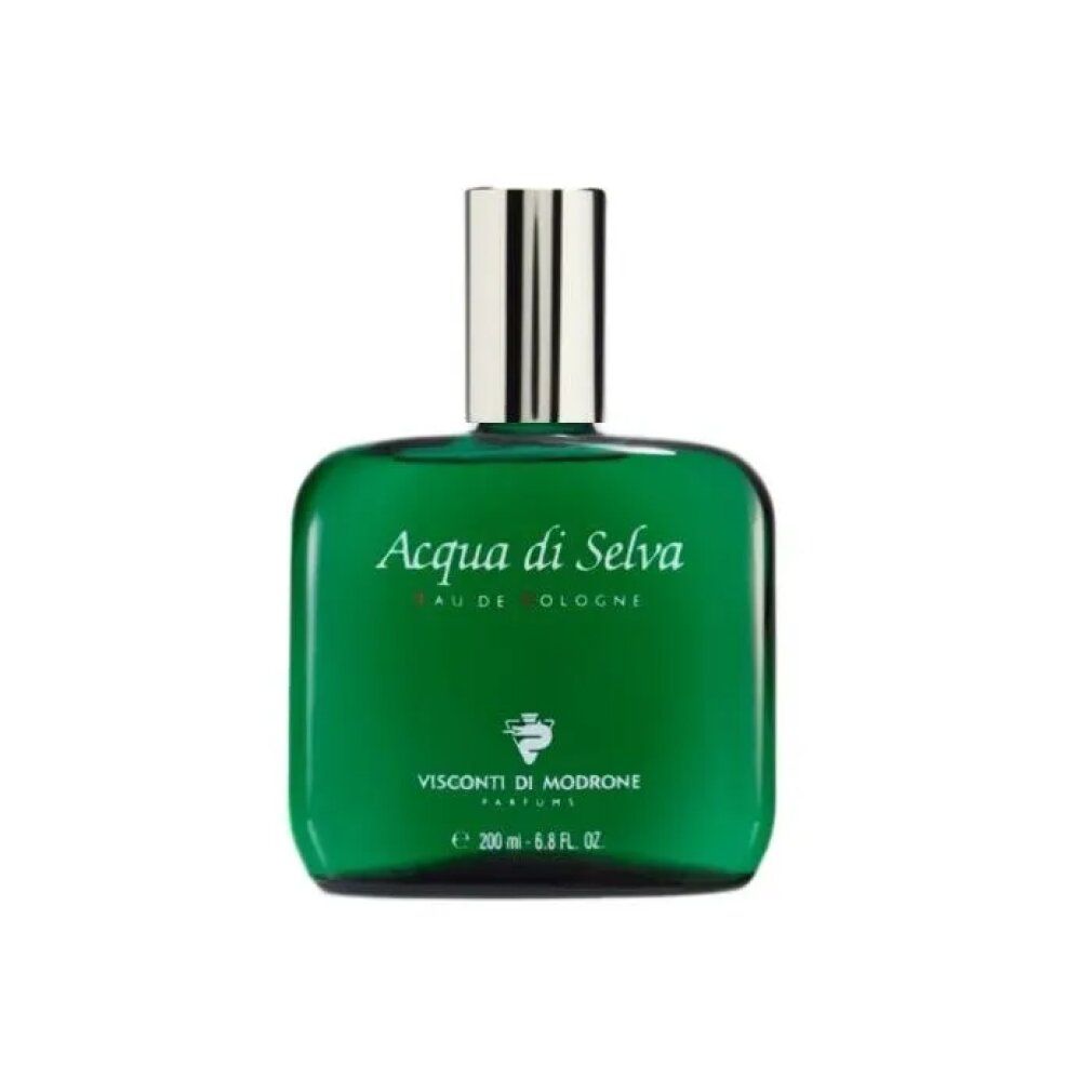 Flacone in vetro verde con testo Acqua di Selva Eau de Cologne. Logo e testo Visconti di Modrone Parfums.