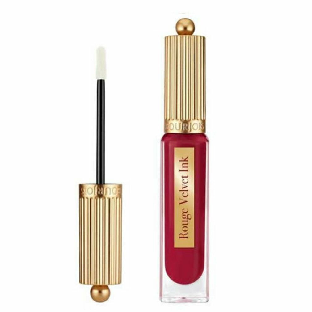 Rossetto Bourjois Rouge Velvet Ink, aperto. Tappo e applicatore dorati. Colore del prodotto visibile.